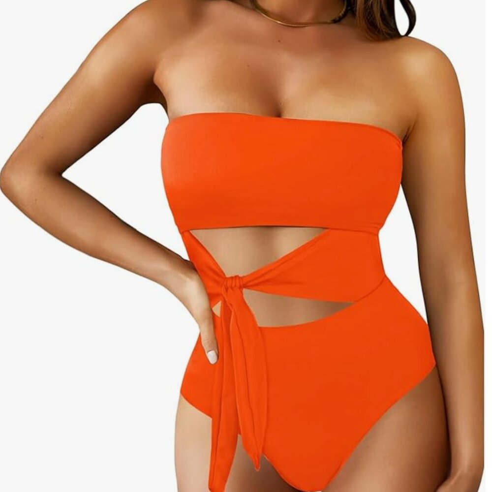 Bandeau strapless tie cut out one piece - Picture 2 of 4